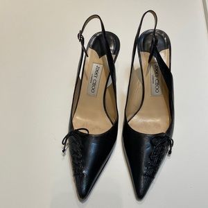 Jimmy Choo Black Pointed Toe Slingback with Woven/Stitching Detail 39.5 EUR